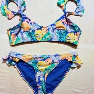 No Boundaries Blue Island Floral 2 Pc. Swimsuit w/Ruffles Juniors Sz Med 7-9
